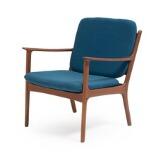 Easy chair with teak frame, loose cushions in seat and back with blueish wool by 
																			 P Jeppesen