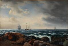 Sailing ships off a rocky coast by 
																			Christian Martin Tegner