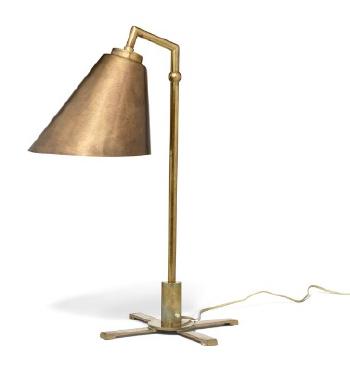 A patinated brass table lamp with conical shade on cross shaped base. Model B29 by 
																	 Lyfa