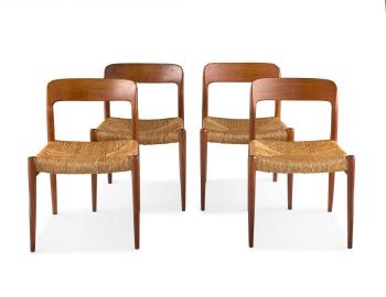 Four Niels Otto Møller Teak and Sea Grass ‘No 75’  Dining Chairs by 
																	Niels Moller