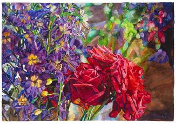 Delphiniums and Roses by 
																	Joseph Raffael