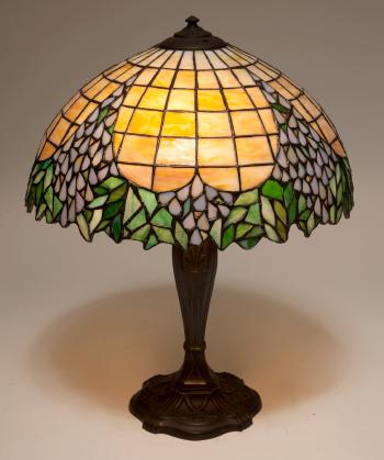 American Patinated Metal And Leaded Glass Lamp by 
																	 Unique Art Glass & Metal Co.