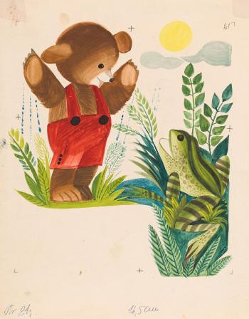 Spring Rain - Mis Uszatek and Frog - Illustration to a Book Przygody I Wedrowki Misia Uszatka by Czeslaw Janczarski 1960 by 
																	Czeslaw Janczarski
