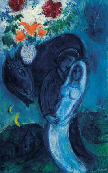 Fleurs Au-dessus Des Fiancés Bleus Or Les Amoureux Bleus by 
																	Marc Chagall