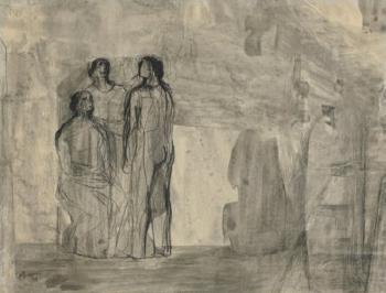 Three Figures In Architectural Setting by 
																	Henry Moore