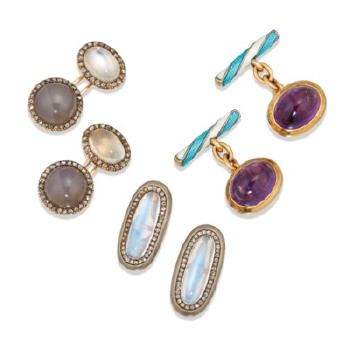 Three Pairs of Gold-mounted Jewelled and Enamel Cufflinks by 
																	Alfred Thielemann