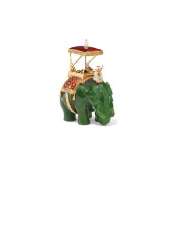 A Jewelled, Guilloché Enamel Gold-mounted Nephrite Model of an Elephant With a Howdah by 
																	Henrik Emanuel Wigstrom