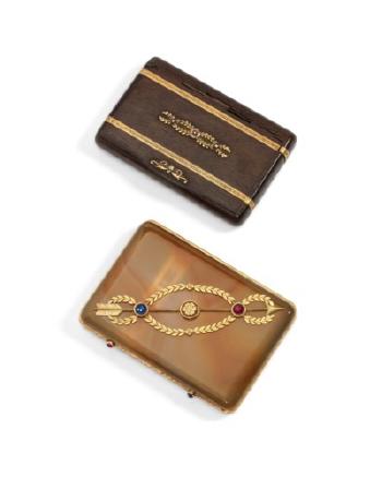 Two Jewelled Varicolor Gold-mounted Agate and Wood Cigarette Cases by 
																	 House of Faberge