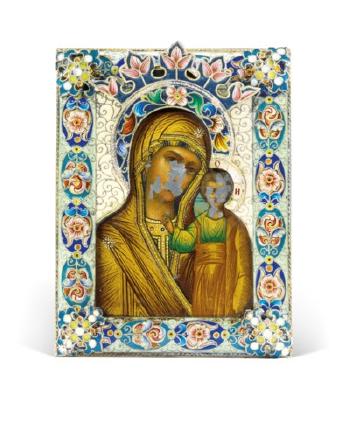 A Silver-gilt and Cloisonné Enamel Icon of the Mother of God of Kazan by 
																	Feodor Ruckert