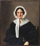 Portrait of a woman in a black dress with a white bonnet by 
																			Adolf Jebens