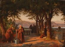 Italian monks in a cloister garden with a view of a lake by 
																			Peter Raadsig