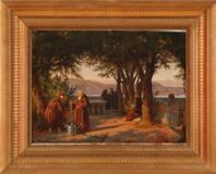 Italian monks in a cloister garden with a view of a lake by 
																			Peter Raadsig