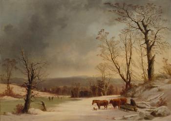 Loading Ox Sledge Near Skating Pond, View Of New Haven by 
																	George Henry Durrie