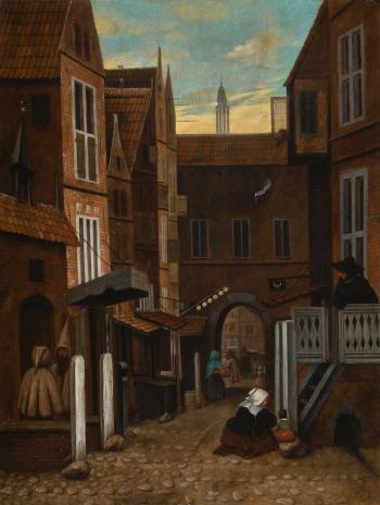 Street Scene With A Market Seen Through A Brick Arch by 
																	Jacob Vrel