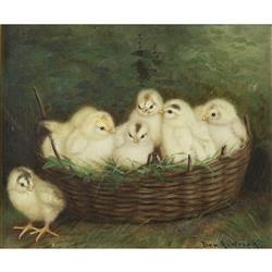 Seven Yellow Chicks In A Round Basket by 
																	Ben Austrian