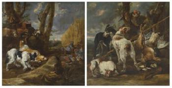 Hounds With French Partridges at Bay; And Hounds And a Hooded Falcon With Dead Game by 
																	Jan Fyt