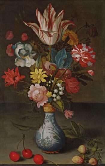 A Semper Augustus Tulip and Other Flowers in a Wan-li Gilt-mounted Vase on a Stone Ledge by 
																	Balthasar van der Ast