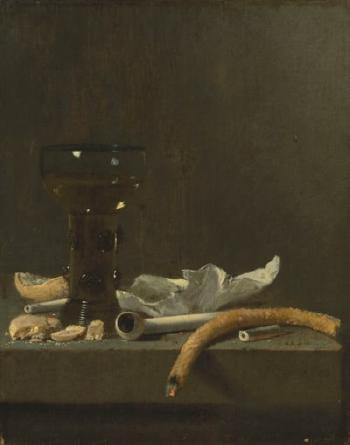 A Roemer, Clay Pipe and a Lit Taper on a Ledge by 
																	Jan Fris