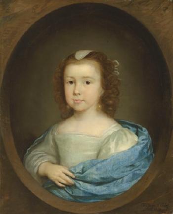 Portrait of a Young Girl, Bust-length, in a Cream Gown and Blue Wrap by 
																	Cornelius Janssen van Ceulen