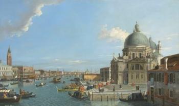 The Entrance of the Grand Canal, Venice, Looking East, With the Doge Entering the Hurch of Santa Maria della Salute, and the Bucintoro Moored at the Riva Degli Schiavoni, the Mint, the Library and the Ducal Palace Beyond by 
																	 Canaletto