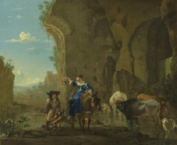 An Italianate landscape with travellers by a stream with cattle by 
																	Jan Asselyn