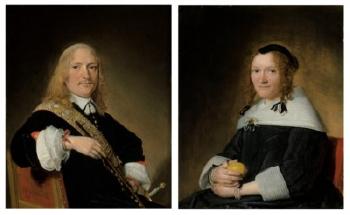 Portrait of Admiral Jan van Galen (1604-1653), half-length, seated, in a black doublet with a gold sash; and Portrait of his wife, Maria van Cracau (b. 1617), half-length, seated, holding a lemon by 
																	Jan Verspronck