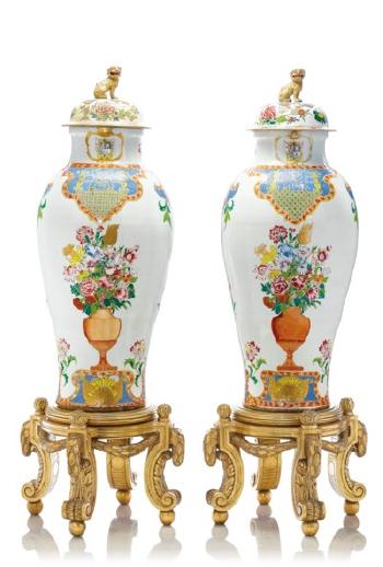 A Pair of Chinese Export Armorial Soldier Vases and Two Covers by 
																	 Emperor Yongzheng