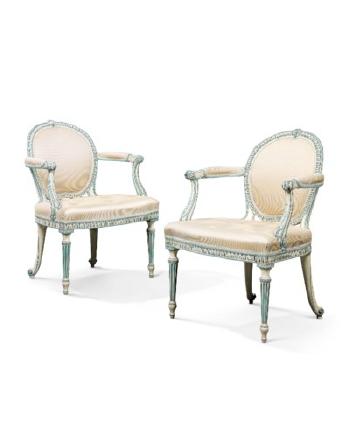 A Pair of George III White and Blue-painted Armchairs by 
																	Thomas Chippendale