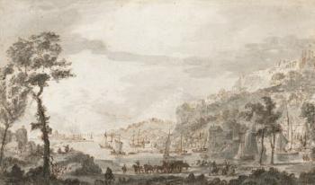 A Mountainous River Landscape; A river landscape with fishermen (recto); Studies of ice skaters (verso) by 
																	Abraham Rademaker