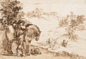 A Boy Next To a Pony In a Hilly Landscape by 
																	Giuseppe Caletti