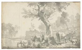A Herdsman With Cattle And Goats On a River Bank by 
																	Adriaen van de Velde