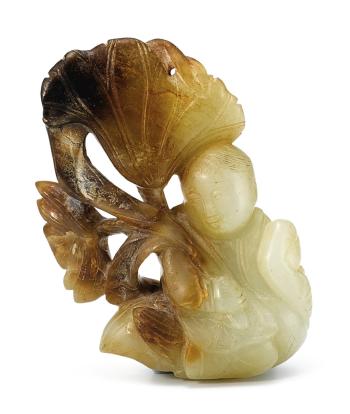A Pale Celadon And Brown Jade Figure Of A Boy by 
																	 Yuan Dynasty
