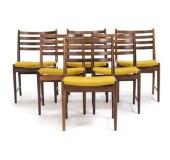 A set of six rosewood sidechairs, upholstered with yellow wool by 
																			Kai Lyngfeldt Larsen