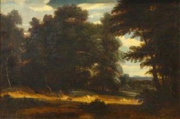 A Wooded Landscape With A Sportsman And His Dog On A Sandy Road In The Centre by 
																	Jacques d'Arthois