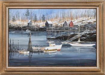 New England Harbor Scene by 
																			James W Maddocks