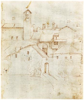 Recto: View Of Houses And A Church With A Campanile; Verso: A Group Of Clerics And Monks Singing In Front Of A Lectern by 
																	 Pseudo Pacchia