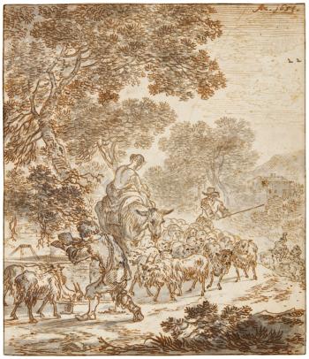 A Wooded Landscape With Herders And Their Animals Near A Water Trough by 
																	Adrian van der Cabel