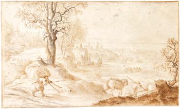 Winter Landscape With A Man Carrying A Load Of Wood, Windmills And A Castle In The Distance by 
																	Anton Crussens