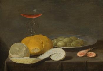 Still Life With A Wine Glass, Peeled Lemon, Bread Roll, Olives And Shrimps by 
																	Jacob van Es