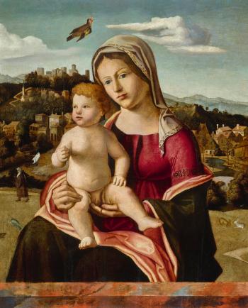 Madonna And Child In An Extensive Landscape With A Hill Town, A Goldfinch Flying Above by 
																	Bartolomeo Veneto