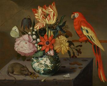 Still Life Of Flowers In A Wan-li Porcelain Vase, Resting On A Stone Ledge With A Mouse, Observed By A Scarlet Macaw by 
																	Jan Baptist van Fornenburgh