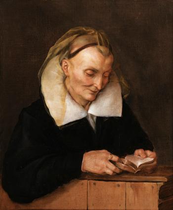 An Old Woman Reading At A Church Pew by 
																	 Italian School
