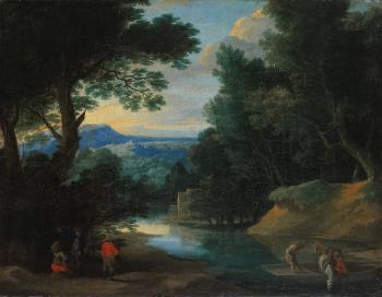 A wooded river landscape with figures and horses in a ferryboat by 
																	Jacques d'Arthois