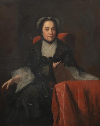 Portrait of Mrs John Ashton, three-quarter-length, seated, holding a book by 
																	Joseph Wright of Derby