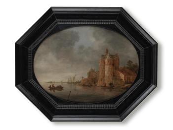 A river landscape with figures in rowing boats before a tower on the outskirts of a walled town by 
																	Frans de Hulst