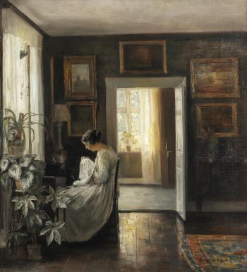 Interior with a woman embroidering by 
																	Carl Vilhelm Holsoe