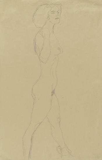 Schreitende (Die rechte Hand an der Schulter, das Gesicht im Dreiviertelprofil) by 
																	Gustav Klimt