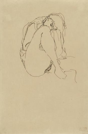 Tod und Leben (Zusammengekauert sitzender Halbakt nach rechts) by 
																	Gustav Klimt
