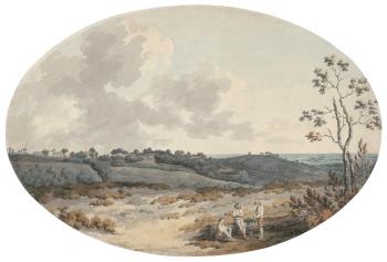 Labourers at rest in an extensive wooded landscape by 
																	Francis Wheatley