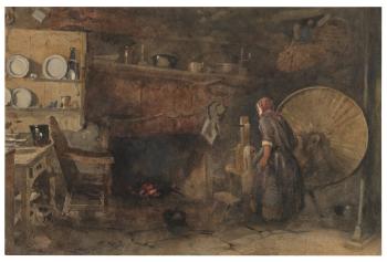 A kitchen interior with a woman spinning by 
																	William Evans of Bristol